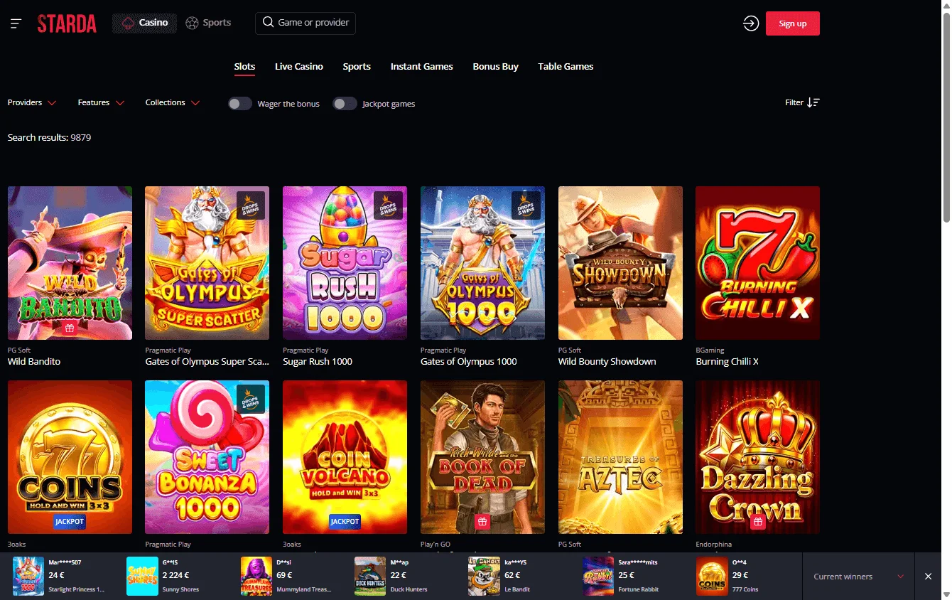 Starda Casino desktop games interface with slots, live dealer and other game categories