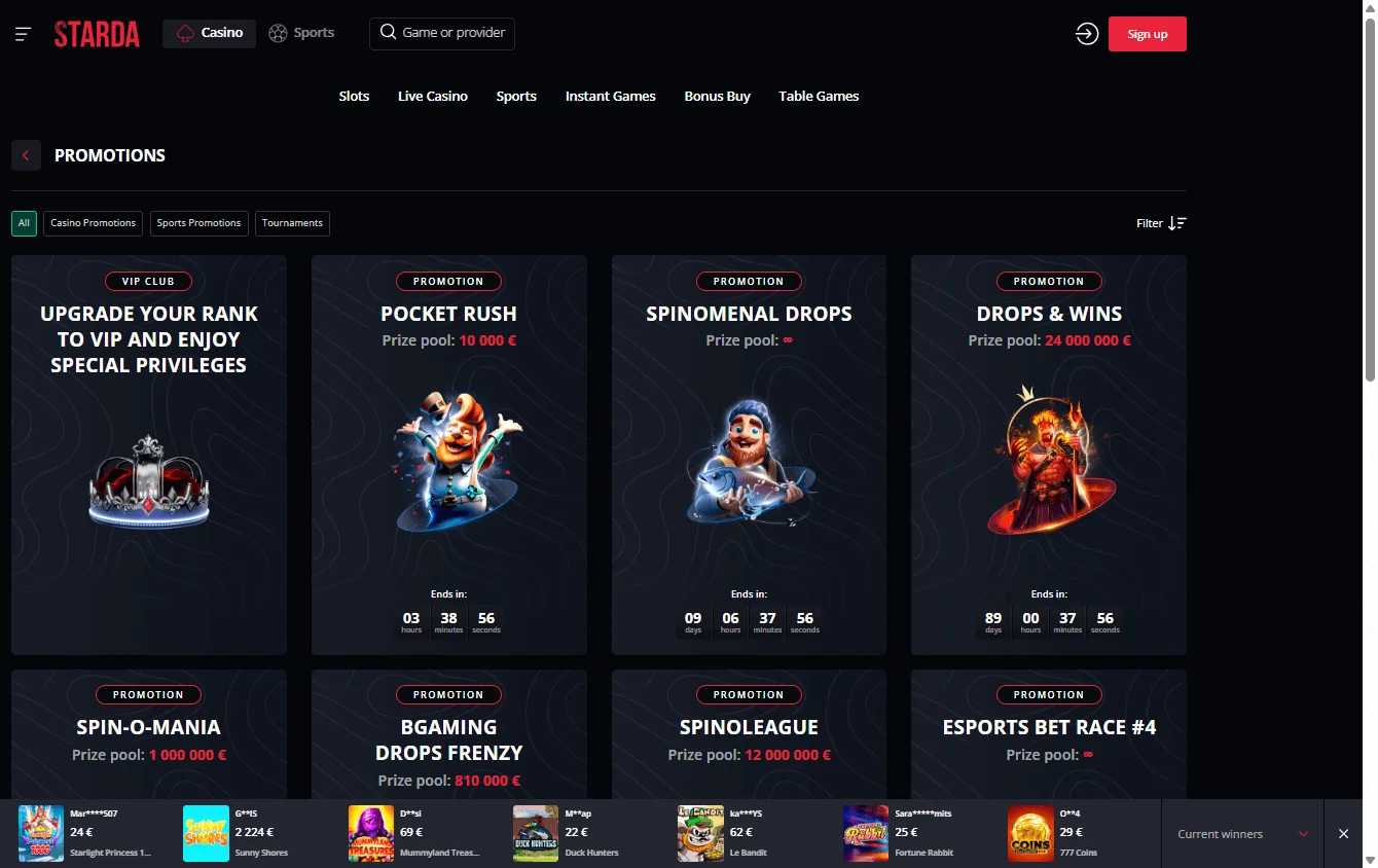 Starda Casino desktop promotions interface with deposit offers and tournament rewards
