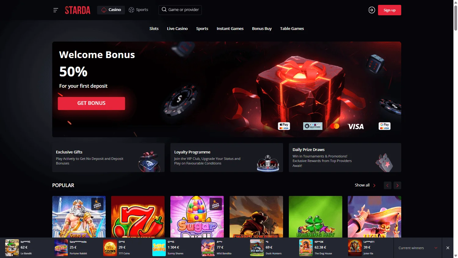 Starda Casino desktop home interface with access to casino entertainment and promotions