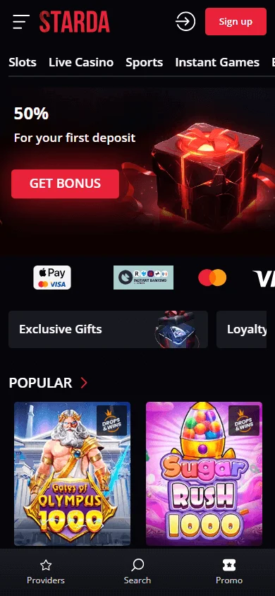 Starda Casino mobile home interface for casino access on a phone