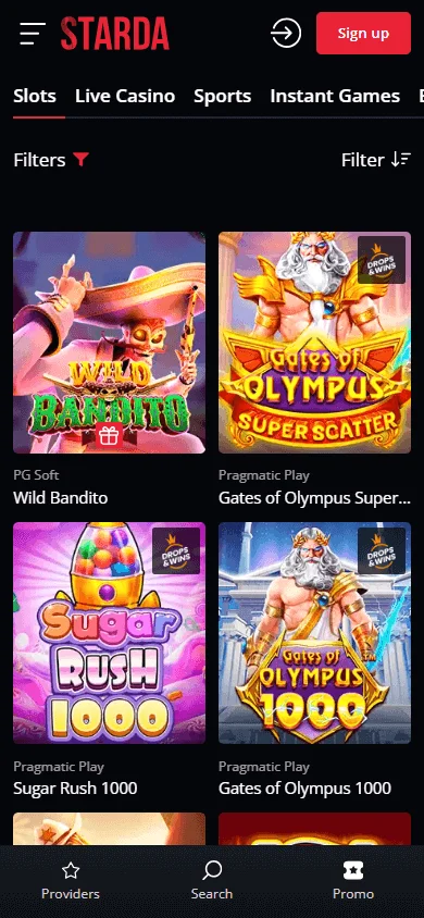 Starda Casino mobile games interface with casino categories and game options